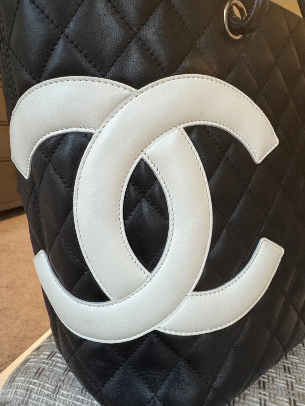 CHANEL Cambon Tote Black Quilted Tote with White CC Patch